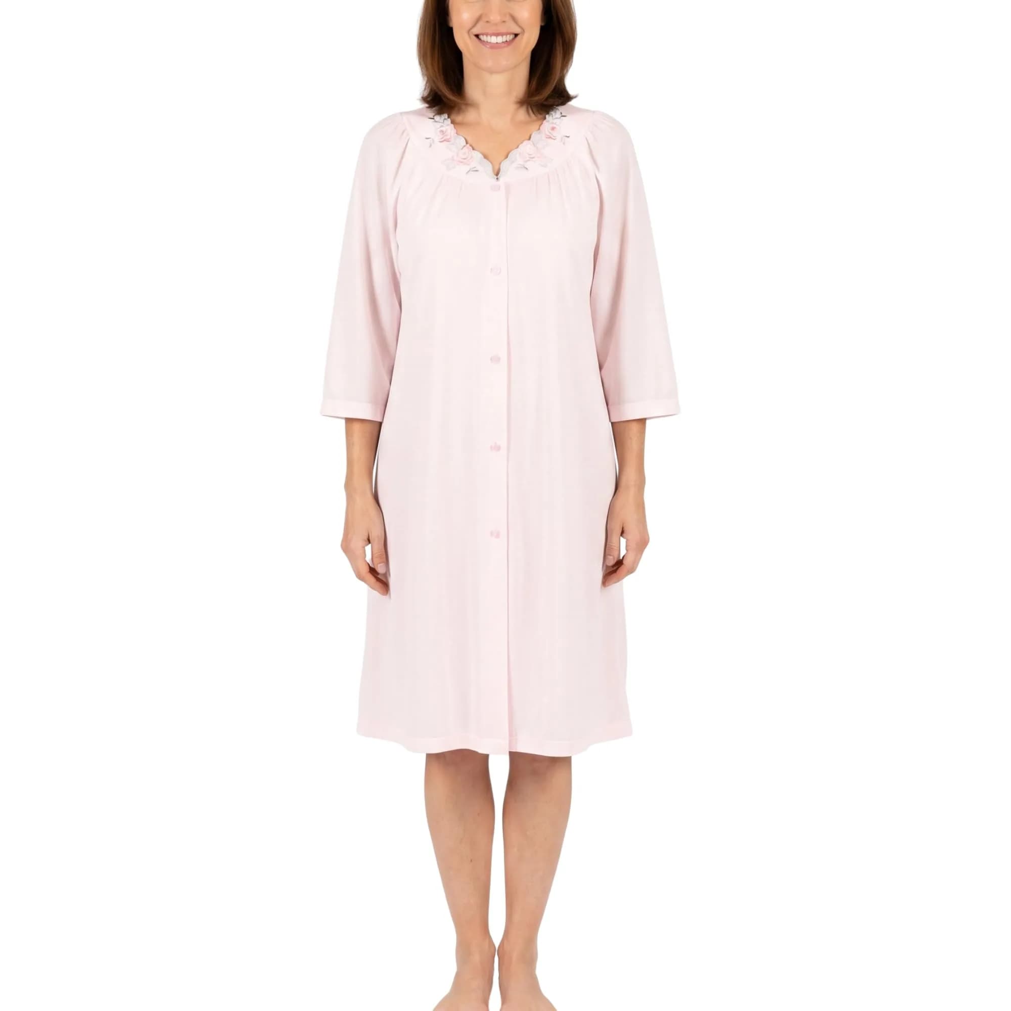 Shadowline Women's Petals 3/4 Sleeve Button Front Robe, Pink, Small | Floral Embroidered Nightgown for Women — Pink / Small