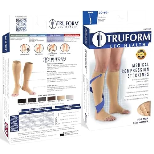 Truform 20-30 mmHg Compression Stockings for Men and Women | Knee High, Open Toe, Beige, 3X-Large thumbnail 3