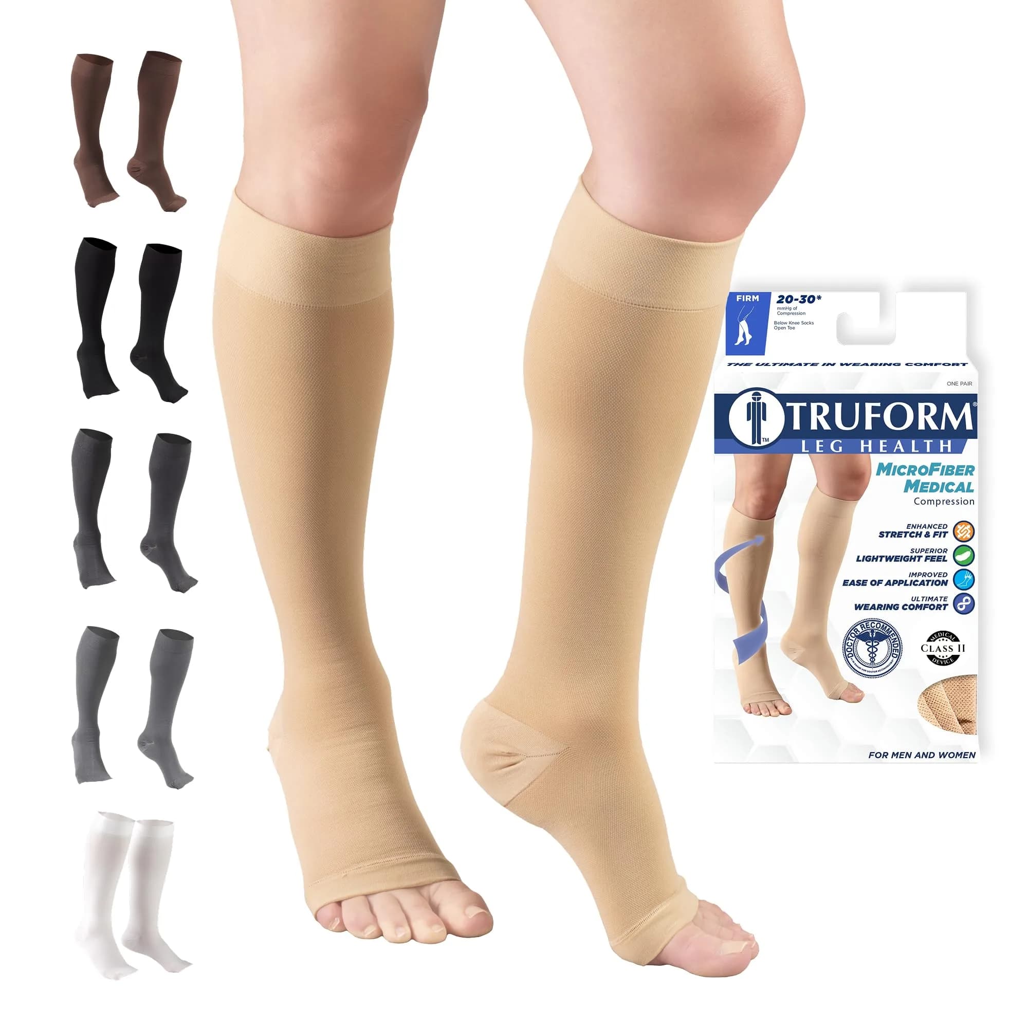 Truform 20-30 mmHg Compression Stockings for Men and Women | Knee High, Open Toe, Beige, Medium