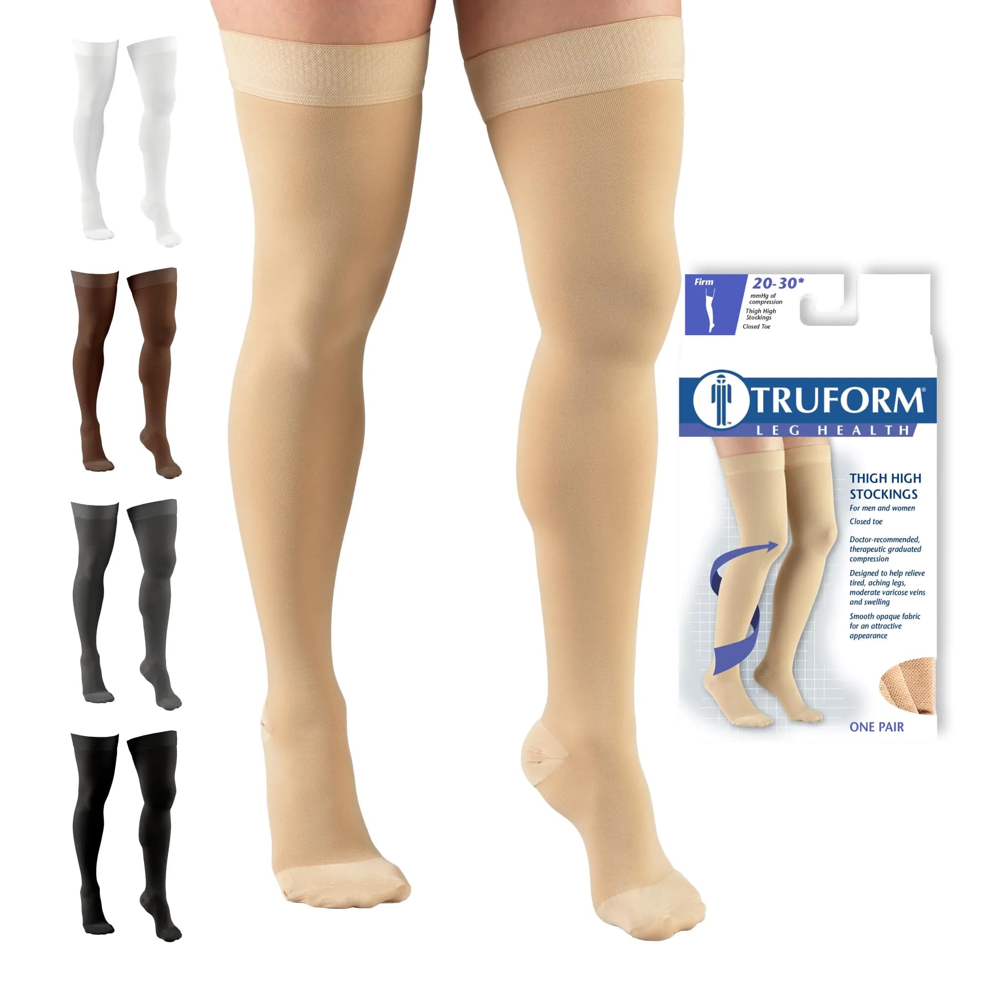Truform 20-30 mmHg Compression Stockings for Men and Women, Thigh High, Beige, Large