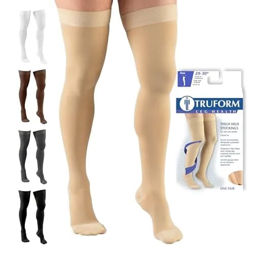 Truform 20-30 mmHg Compression Stockings for Men and Women, Thigh High, Beige, Large thumbnail 1