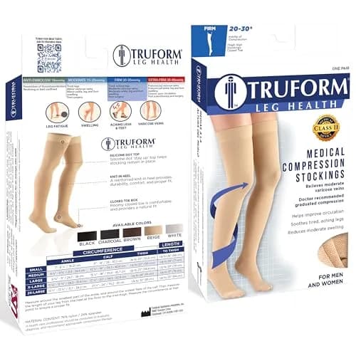 Truform 20-30 mmHg Compression Stockings for Men and Women, Thigh High, Beige, Large thumbnail 3