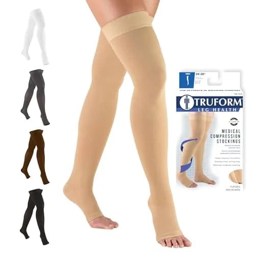 Truform 20-30 mmHg Compression Stockings for Men and Women | Thigh High Length, Dot-Top, Open Toe, Beige, Small thumbnail 1