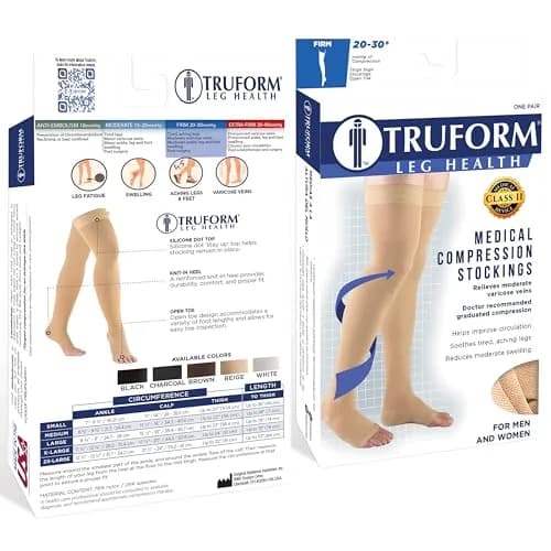 Truform 20-30 mmHg Compression Stockings for Men and Women | Thigh High Length, Dot-Top, Open Toe, Beige, Small thumbnail 3
