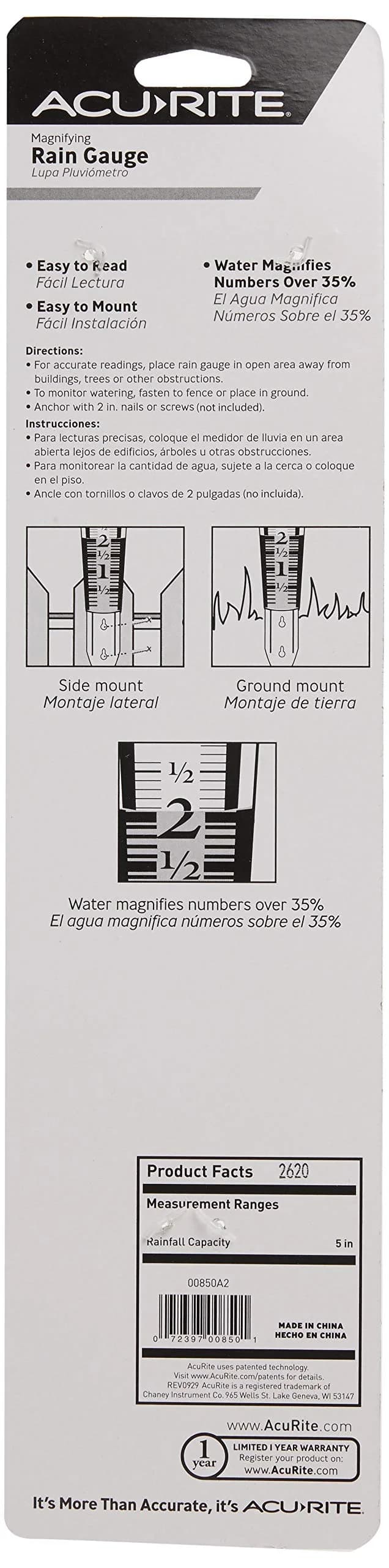 AcuRite Magnifying Rain Gauge 5" Capacity | Easy-to-Read Acrylic Outdoor Weather Measurement - view 3