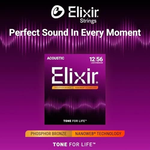 Elixir Phosphor Bronze NANOWEB Acoustic Guitar Strings, Light/Medium 12-56 | Longest-Lasting Tone thumbnail 2