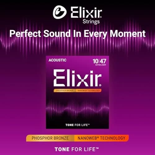 Elixir Acoustic Guitar Strings Phosphor Bronze NANOWEB 6-String 10-47 | Longest-Lasting Tone with Smooth Feel thumbnail 2