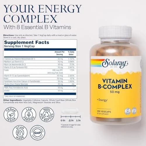 SOLARAY Vitamin B Complex 50 mg | Cellular Energy & Nerve Support (250 VegCaps) thumbnail 2