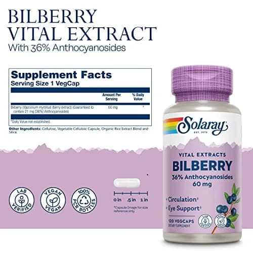 SOLARAY Bilberry Berry Extract 60 mg | Vision & Circulatory Support, Vegan, 120 VegCaps thumbnail 3