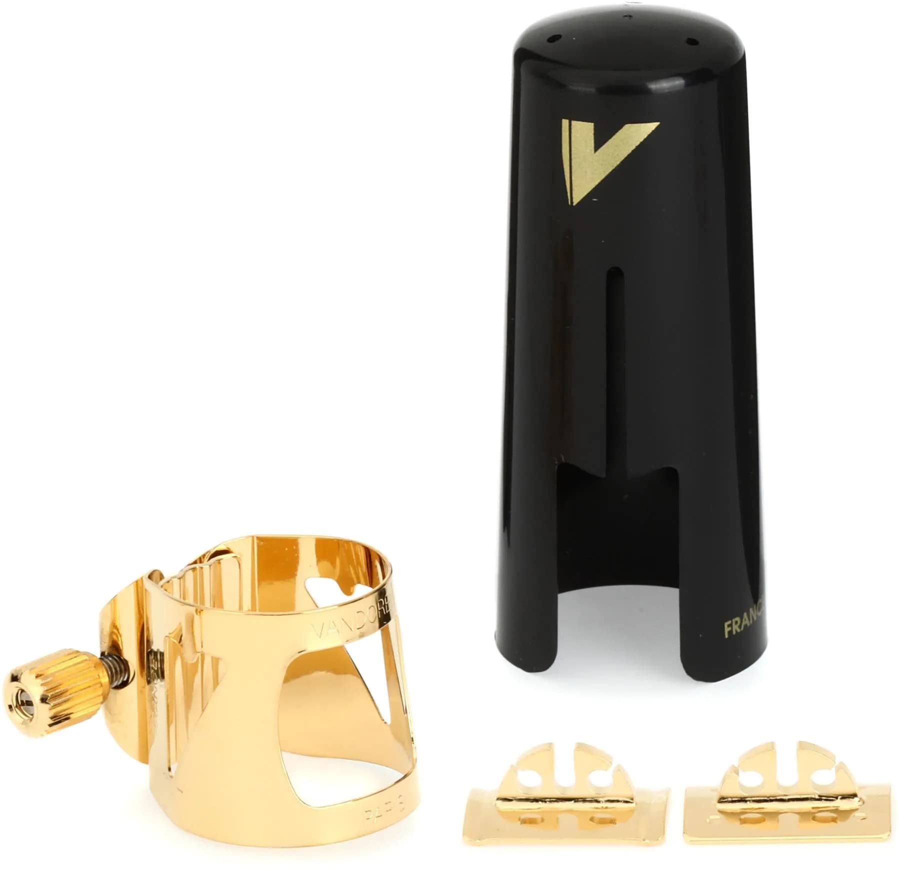 Vandoren Optimum Ligature and Plastic Cap for Alto Saxophone, Gilded with 3 Interchangeable Pressure Plates | Quick Tightening - main product image