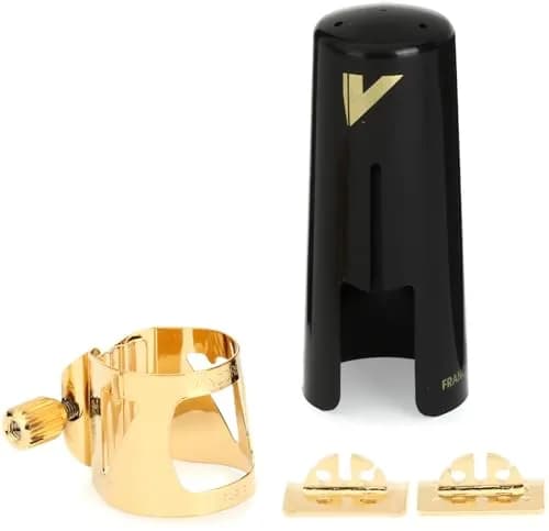Vandoren Optimum Ligature and Plastic Cap for Alto Saxophone, Gilded with 3 Interchangeable Pressure Plates | Quick Tightening thumbnail 1