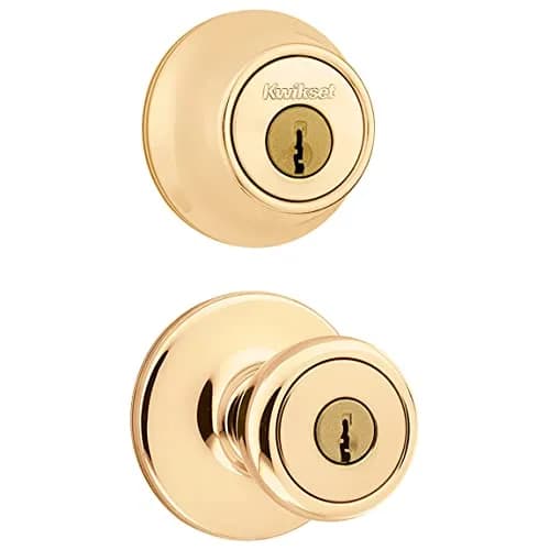 Kwikset Tylo Entry Knob & Double Cylinder Deadbolt Combo Pack in Polished Brass | Classic Security thumbnail 2