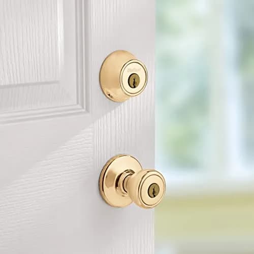 Kwikset Tylo Entry Knob & Double Cylinder Deadbolt Combo Pack in Polished Brass | Classic Security thumbnail 3