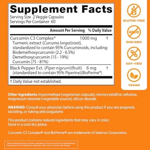 Doctor's Best Turmeric Curcumin 1000mg Veggie Capsules | High Absorption with BioPerine & C3 Complex thumbnail 3