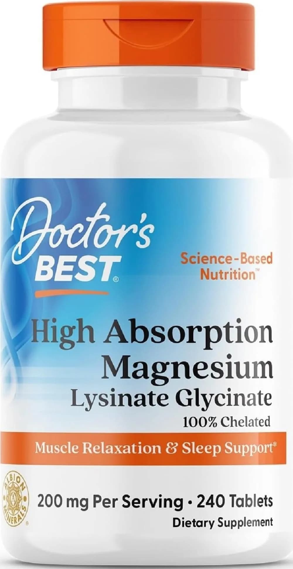 Doctor's Best High Absorption Magnesium Glycinate Lysinate Supplement 200mg 240 Count Tablets | Sleep Support & Muscle Relaxation - main product image