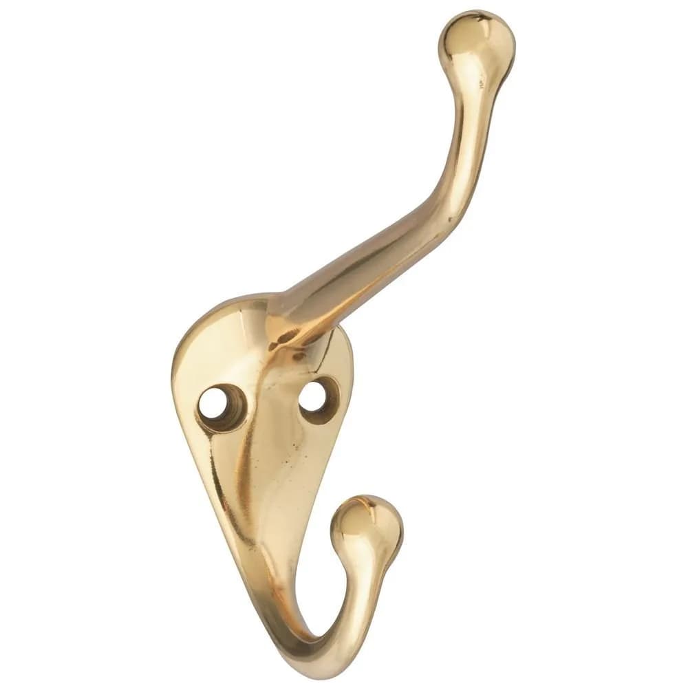 National Hardware Double Coat & Hat Wall Hook, Solid Brass | Heavy Duty Wall Mount with 75 lb Capacity — Solid Brass