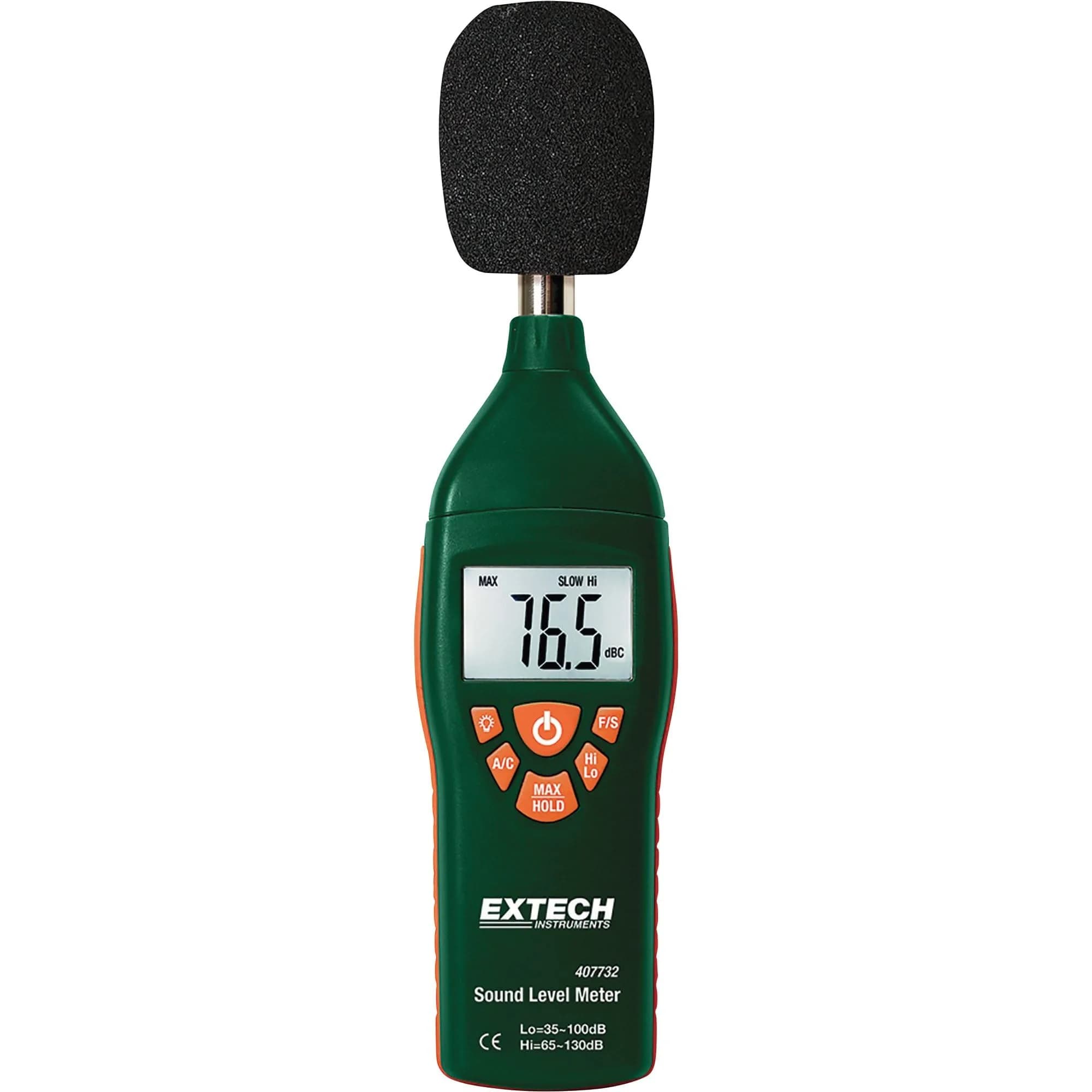 Extech Type 2 Digital Sound Level Meter 35 to 130 dB | ANSI/IEC 651, dual range, A/C weighting, fast/slow, data hold, max hold, windscreen, 9V battery