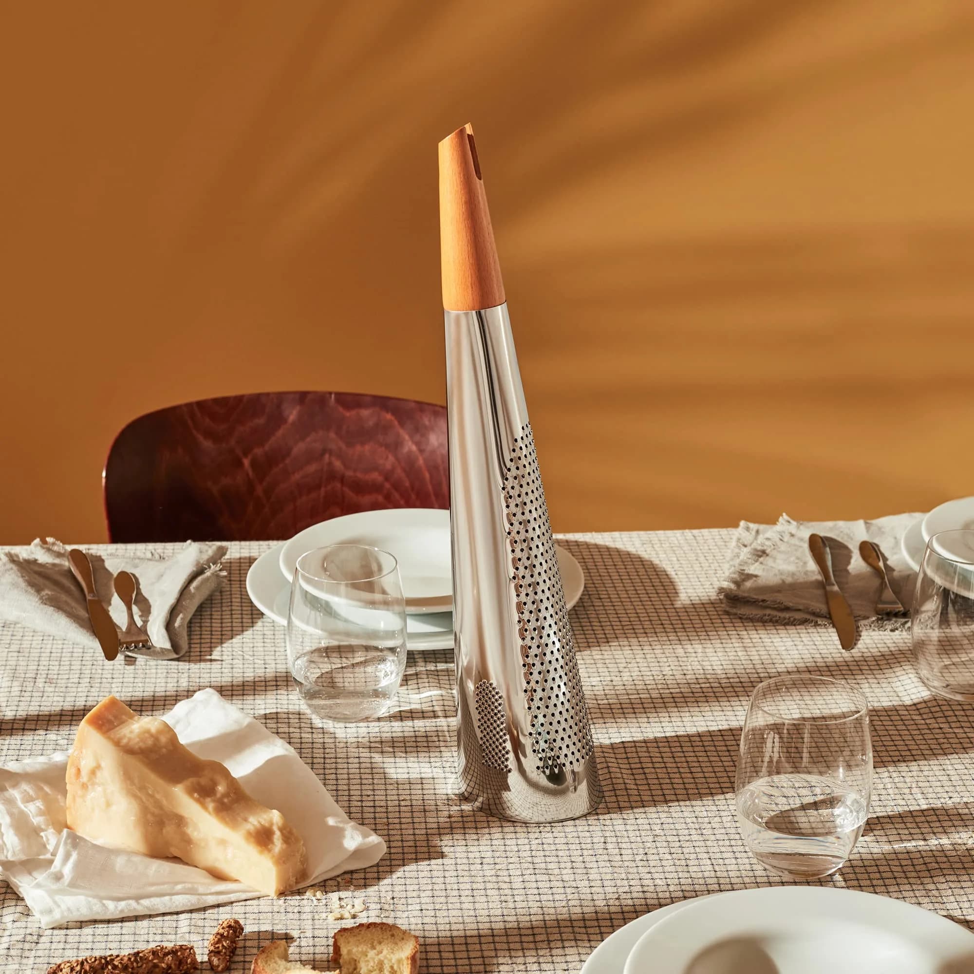 Alessi Todo Giant Cheese and Nutmeg Grater in Steel and Wood, Silver | 48.3 cm (19") Tall Grating Tool - view 5