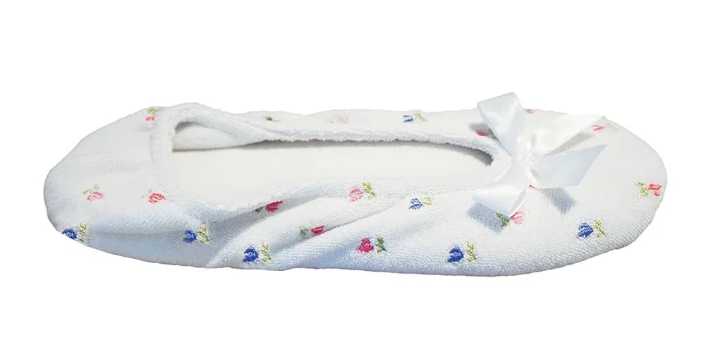 isotoner Women's Embroidered Plush Terry Ballerina Slippers , White Soft Tie Bow, 5-6 thumbnail 5