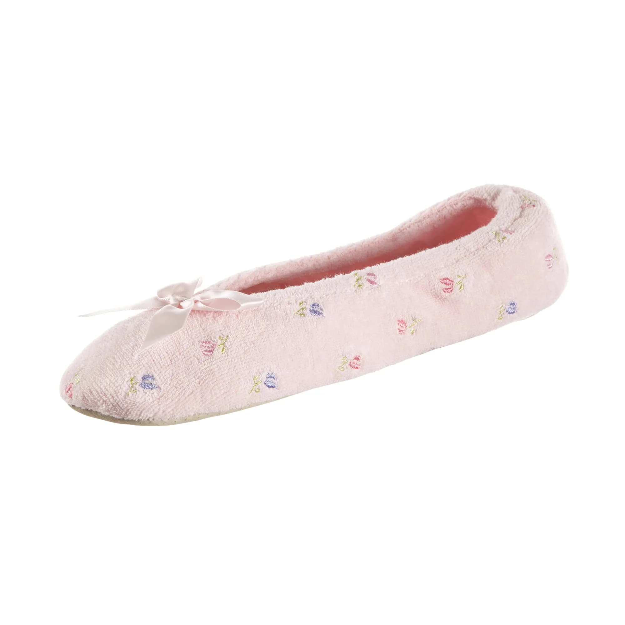 isotoner Embroidered Terry Ballerina Slippers Flat Sandals | Soft Cotton-Blend Comfort for Women (70-120 chars) — Pink Soft Tie Bow / 6.5-7.5