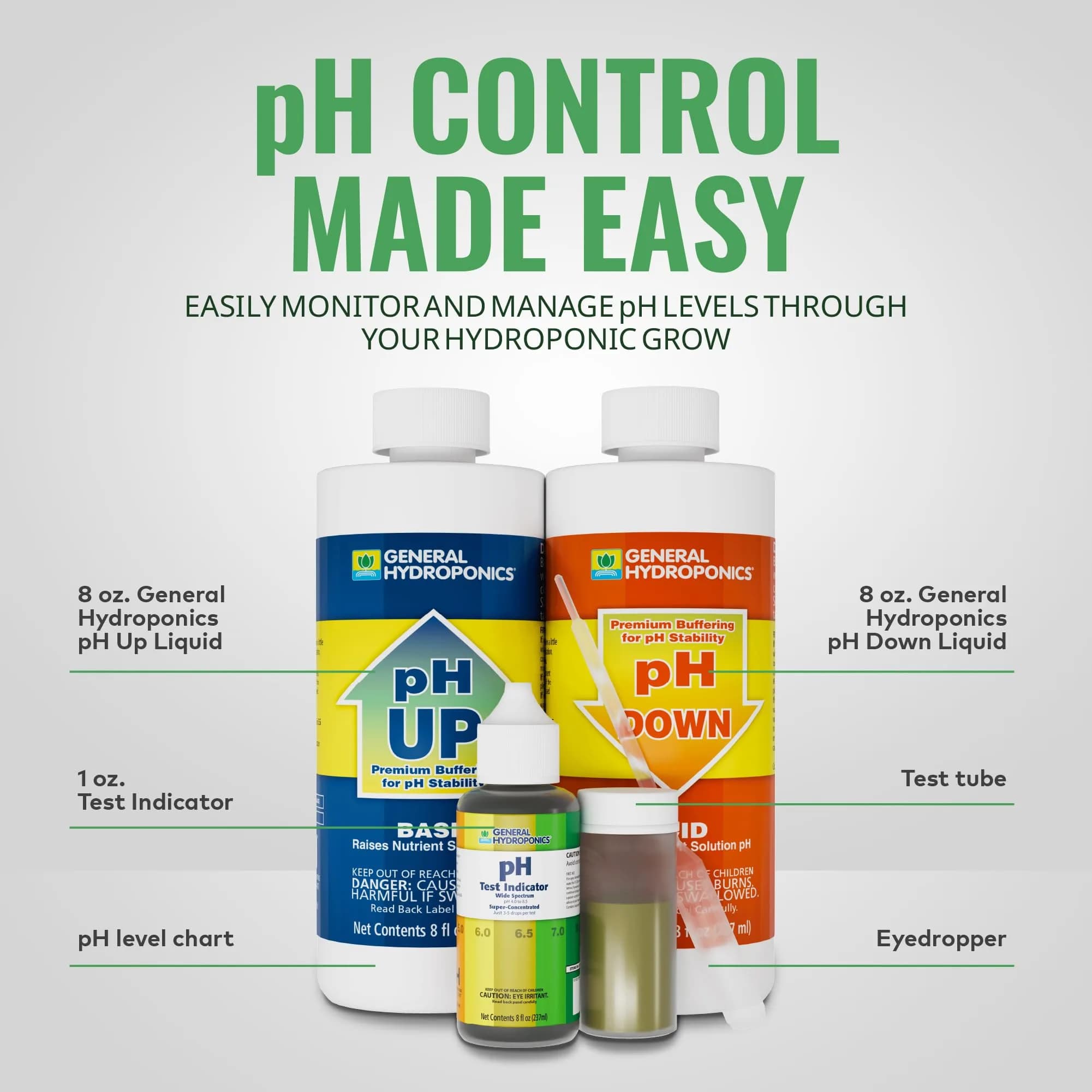 General Hydroponics pH Control Kit with pH Up, Down, Indicator & Chart | 8 oz pH Up, 8 oz pH Down, 1 oz Indicator - view 3