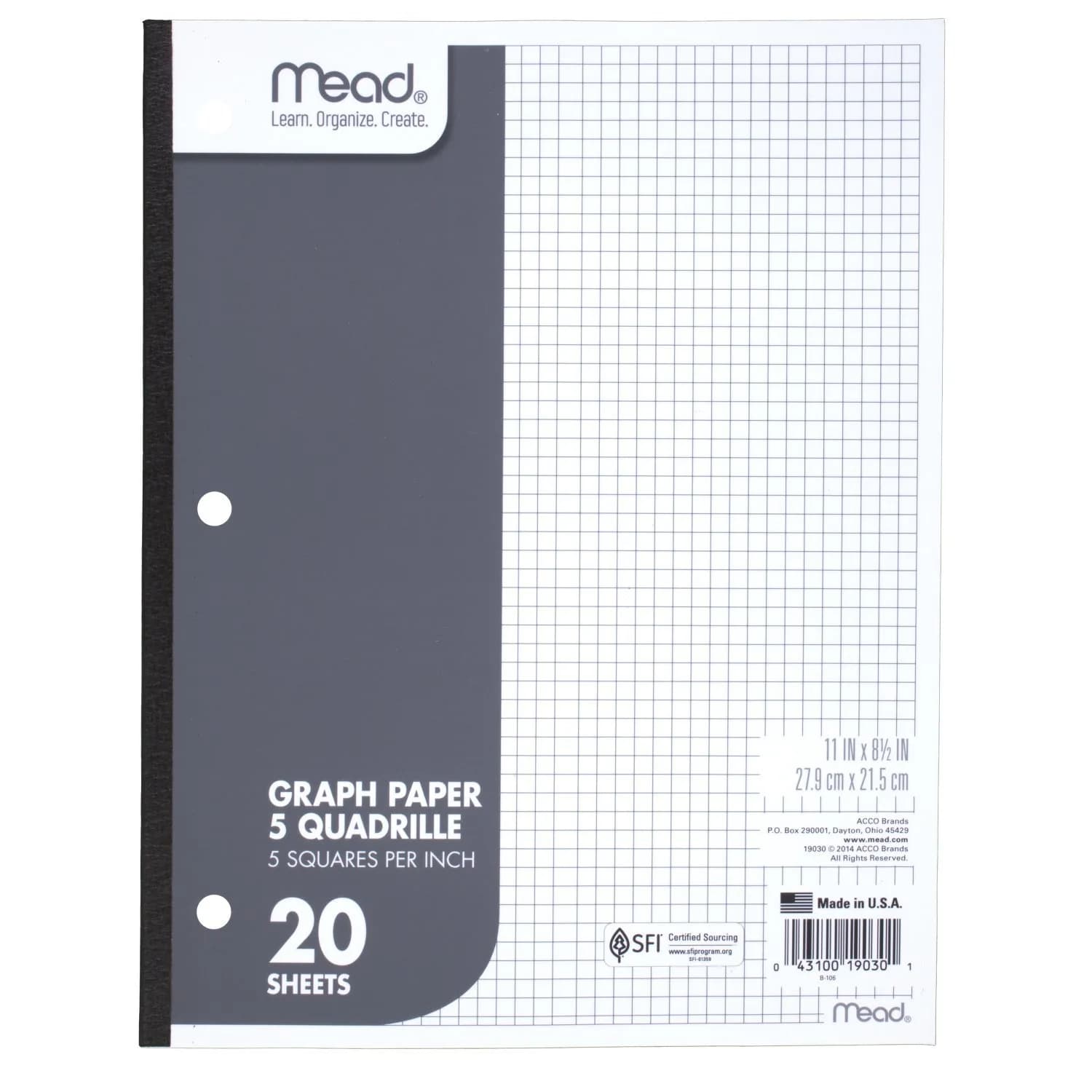 Mead Graph Paper Pad, Quadrille, 5 Squares per Inch, 8-1/2" x 11" | 20 Sheets for Math & Art - main product image