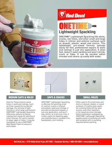Red Devil 0548 ONETIME Lightweight Spackle Wall Repair 473ml (1 Pint) | No-Sand Formula for Drywall, Plaster, Wood thumbnail 4