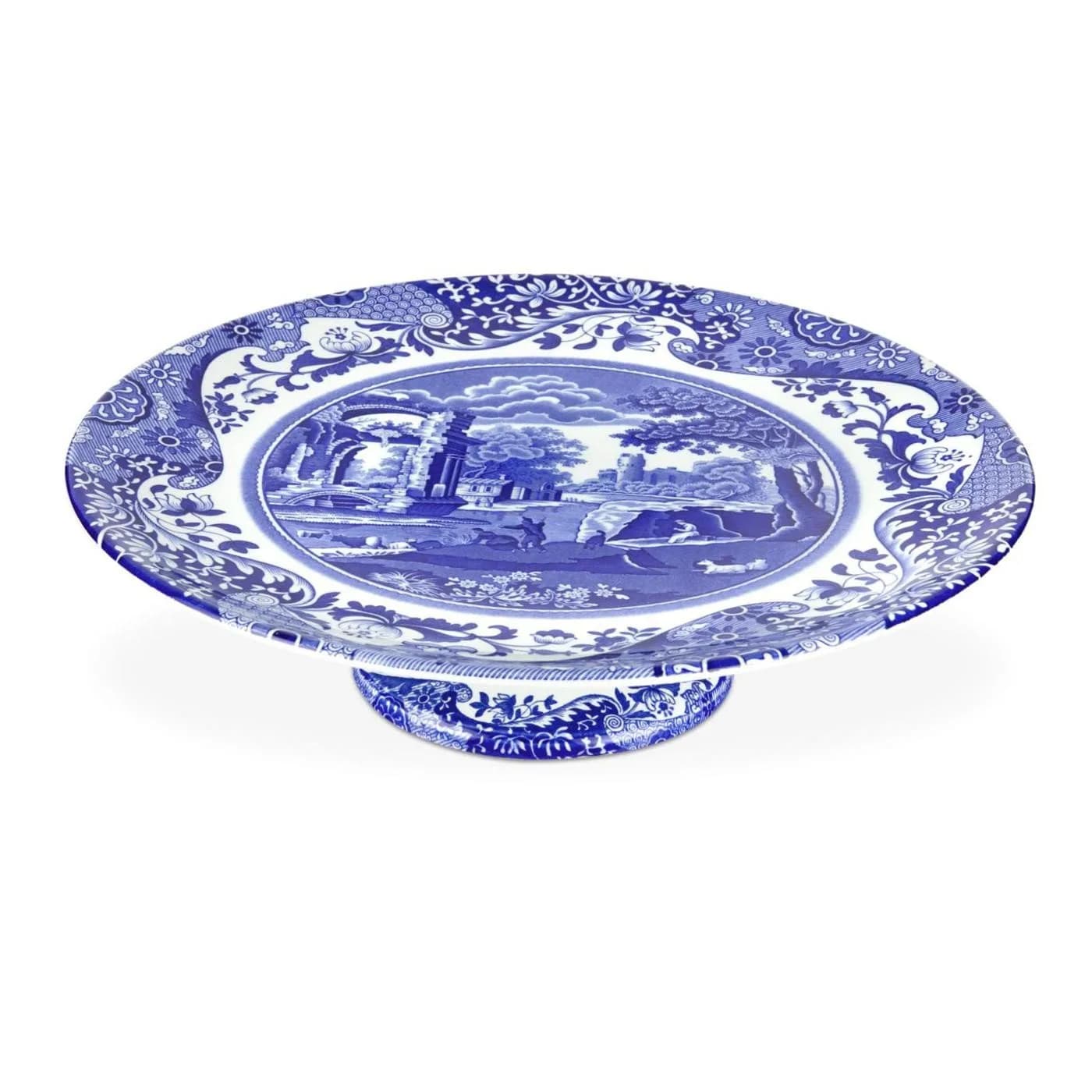 Spode Blue Italian Footed Cake Plate Stand - Blue & White | Elegant 10.5-inch Porcelain Dessert Display — Blue