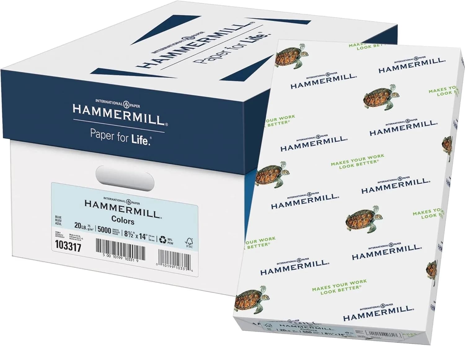 Hammermill Colored Paper, 20 lb Blue Legal Paper 21.59 cm x 35.56 cm (8.5 x 14 Inches) | Smooth Surface, 30% Recycled Fiber - main product image