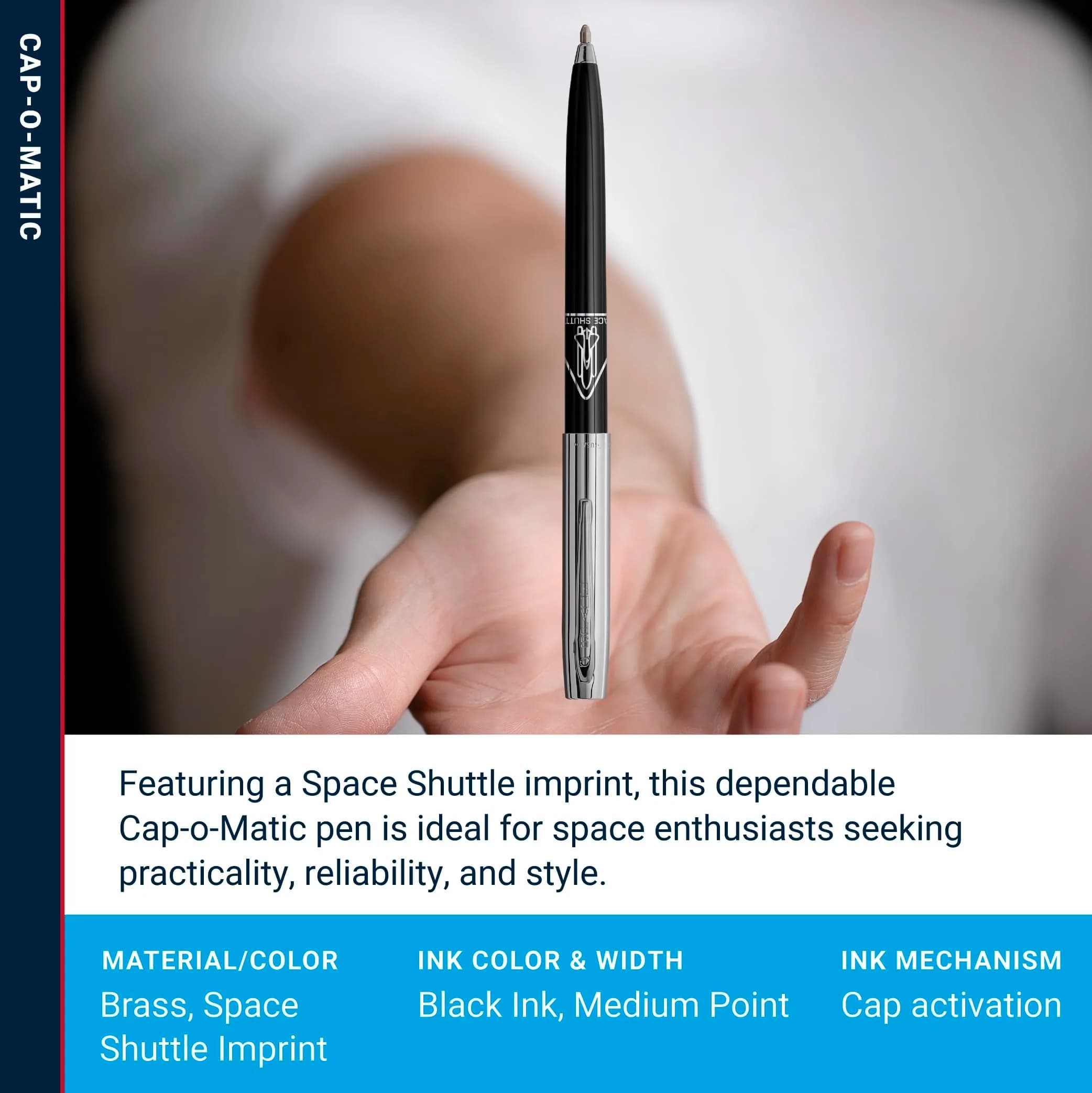 Fisher Space Pen Chrome Space Shuttle Imprint Cap-O-Matic Pen | Writes Upside Down & Extreme Temperatures - view 3