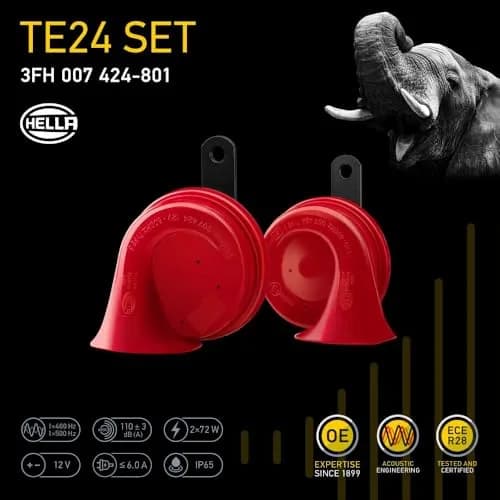 Hella Twin Trumpet Horn Kit 12V | High/Low Tone 110dB, Red thumbnail 7