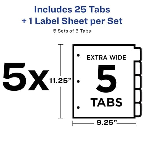Avery 5-Tab Extra Wide Binder Dividers, White, 5 Sets (25 Dividers Total) | Organize Documents & Presentations with Easy Apply Labels thumbnail 3
