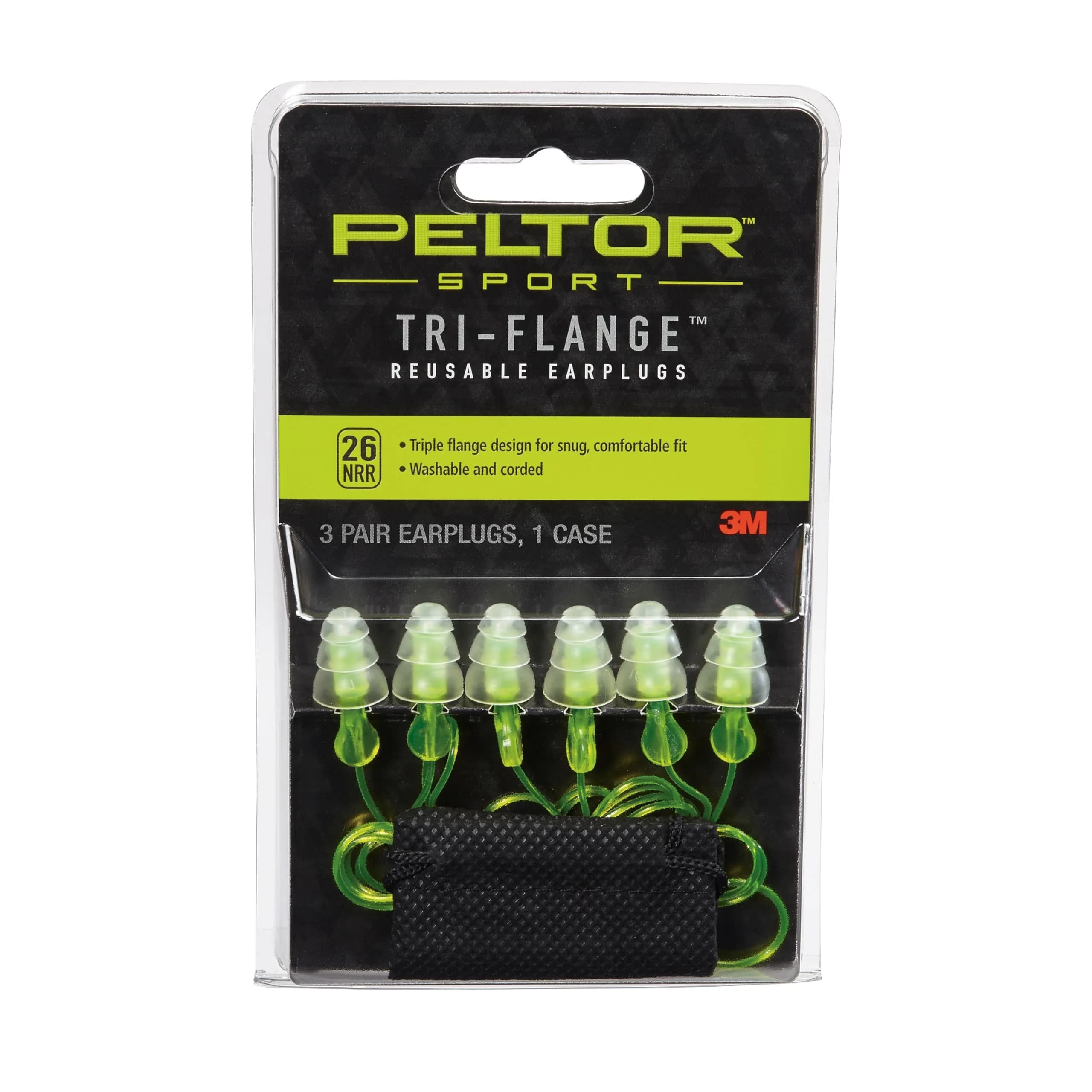 Peltor Sport Tri-Flange Corded Reusable Earplugs 3-Pairs | 26dB Noise Reduction — 26 Db Nrr
