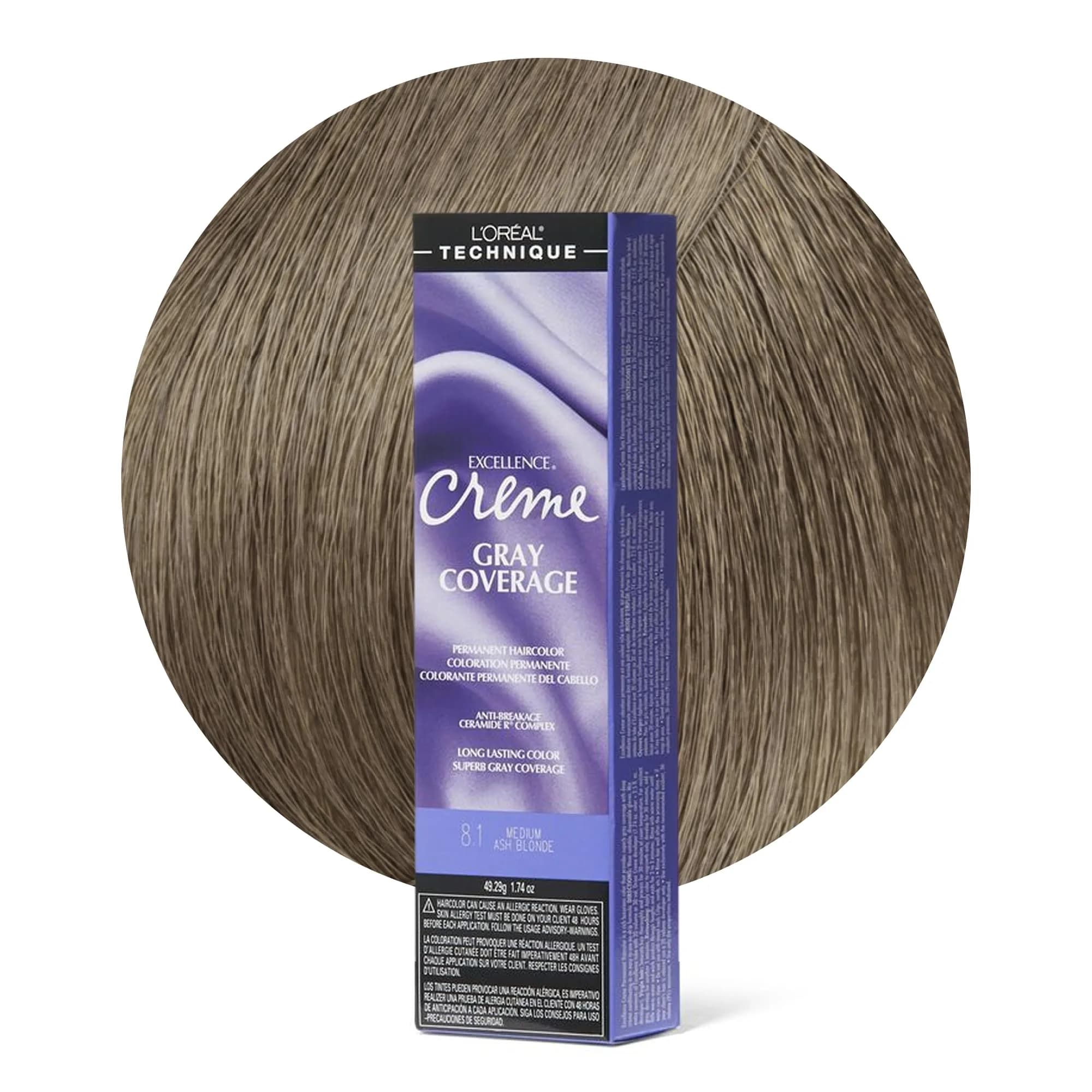 L'Oréal Technique Excellence Crème Permanent Hair Color – Medium Ash Blonde 51.6ml (1.74 Fl Oz) | Superb Gray Coverage — 8.1 Medium Ash Blonde