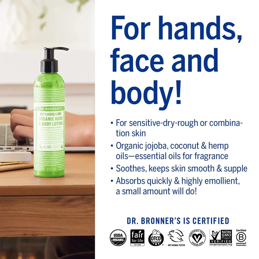 Dr. Bronner's Organic Lotion Patchouli Lime 236ml (8 Fl Oz) | USDA Organic & Fair Trade Ingredients - view 5