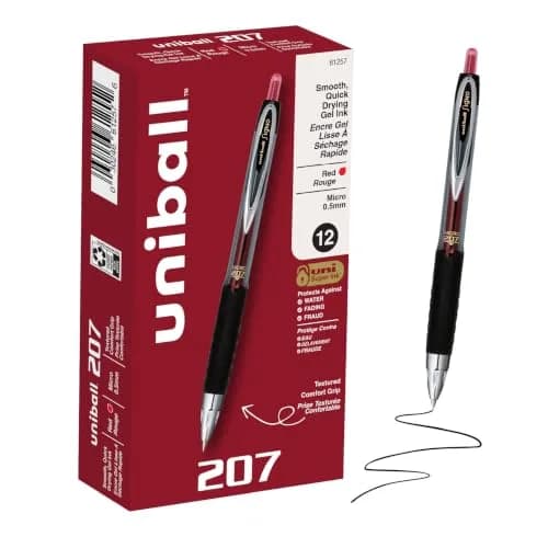 Uni-Ball 207 Gel Pens, Red Ink, 0.5mm Micro Point, Retractable, 12 Count | Precise, Water-Resistant Writing thumbnail 1