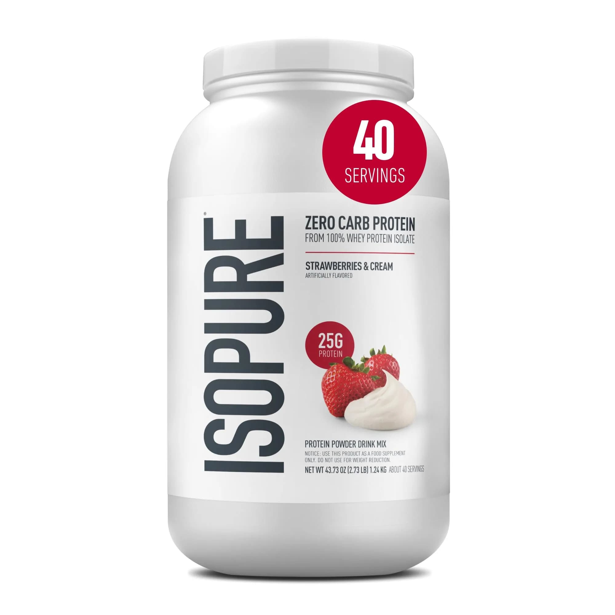 Isopure Zero Carb 100% Pure Whey Isolate Protein Powder, Strawberries & Cream Flavour, 3lb Tub | 25g Protein, Gluten-Free - main product image