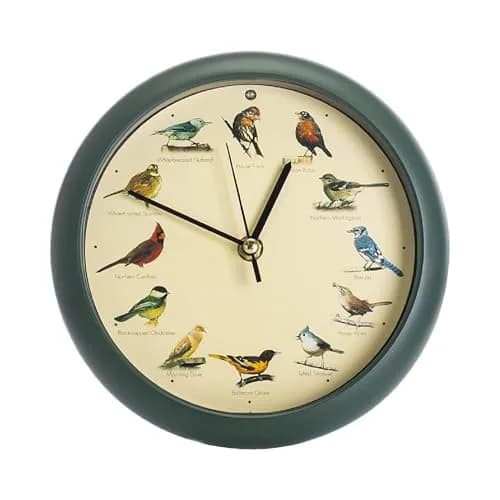 Mark Feldstein & Associates Green Singing Bird Clock 8 inch (20.3 cm) | 12 Real Bird Songs Hourly, Silent After Dark thumbnail 1