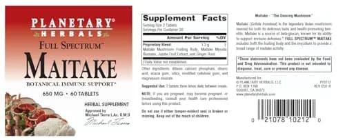 Planetary Herbals Full Spectrum Maitake, 650 mg | Botanical Immune Support, 60 Tablets thumbnail 4
