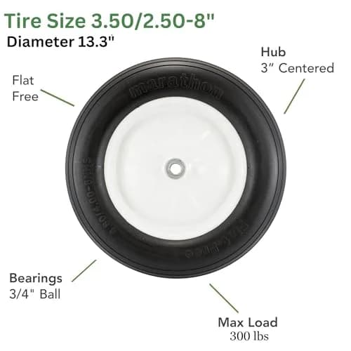 Marathon 3.50/2.50-8 Flat Free Replacement Wheel on Wheel, Ribbed Tread, 3" Hub, 3/4" Bearings | Load 300 lb thumbnail 3