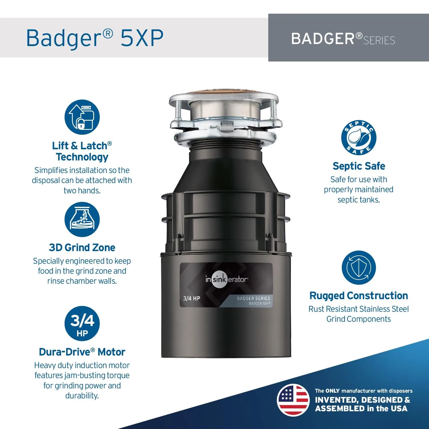 InSinkErator Badger 5XP Garbage Disposal 3/4 HP Continuous Feed Food Waste Disposer | 16.8 cm (6.63 in) Width - view 2