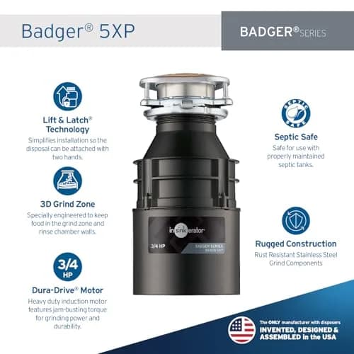 InSinkErator Badger 5XP Garbage Disposal 3/4 HP Continuous Feed Food Waste Disposer | 16.8 cm (6.63 in) Width thumbnail 2