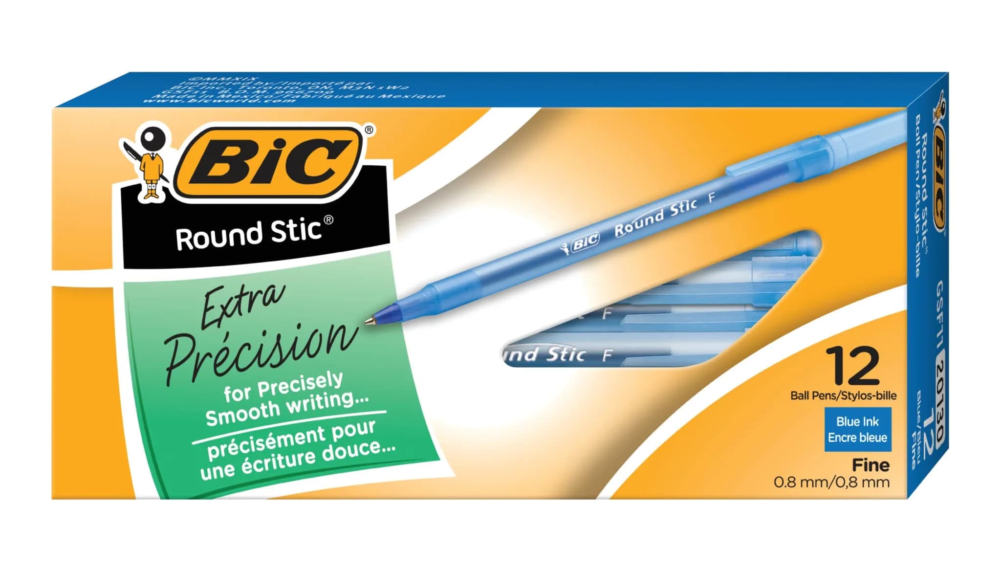 BIC Round Stic Xtra Precision Ballpoint Pen, Fine Point (0.8mm), Blue, 12-Count | Writes the First Time, Every Time - main product image