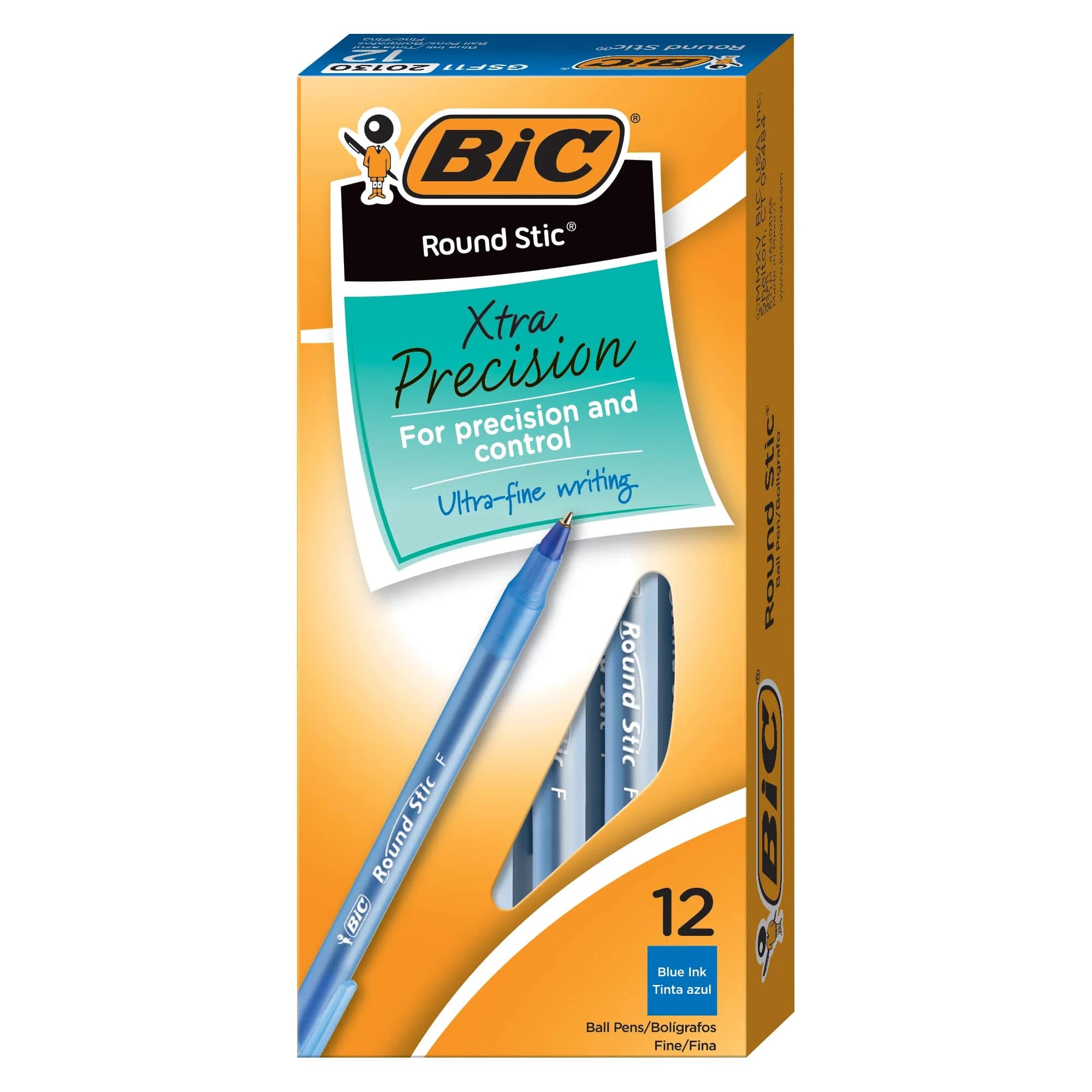 BIC Round Stic Xtra Precision Ballpoint Pen, Fine Point (0.8mm), Blue, 12-Count | Writes the First Time, Every Time - view 2