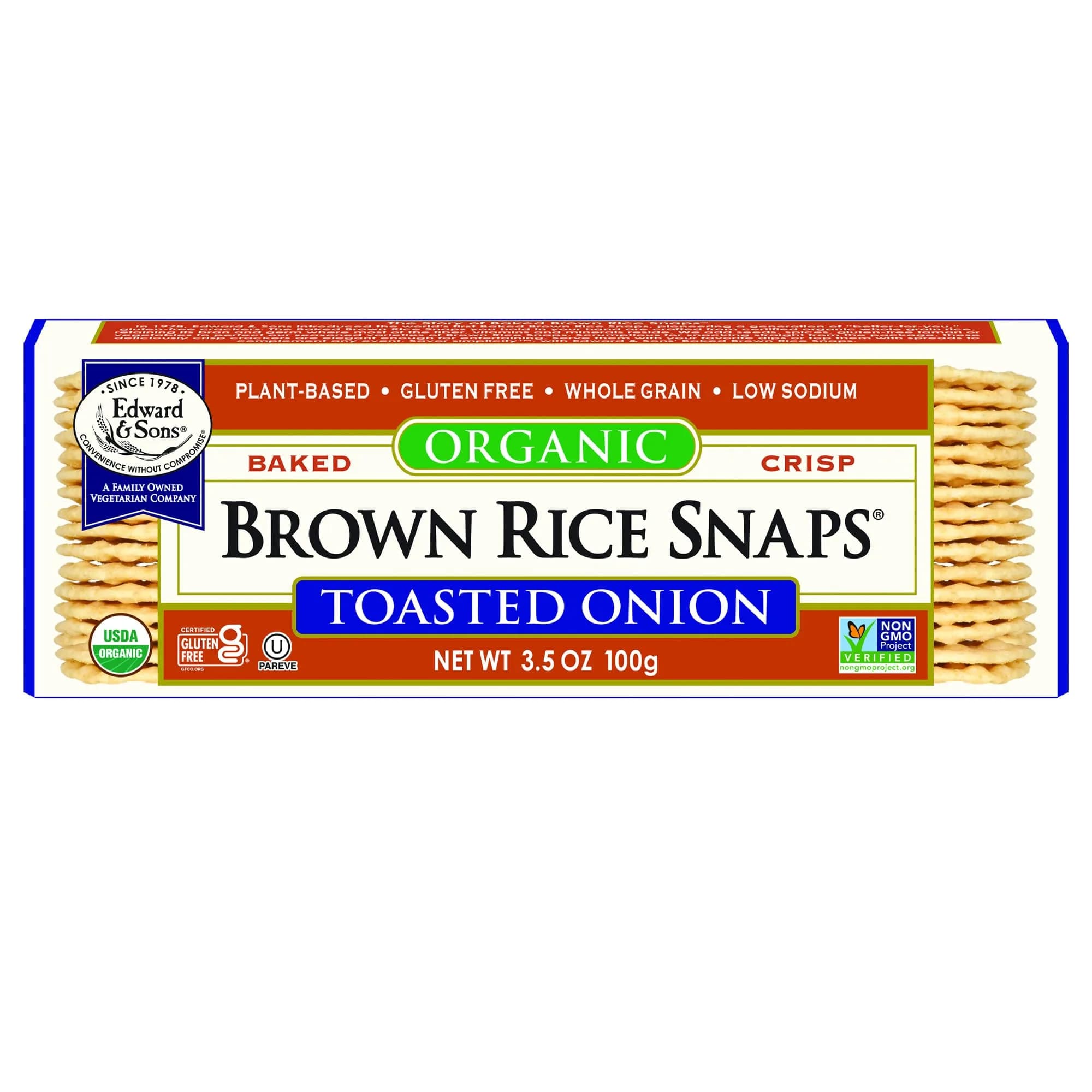 Edward & Sons Organic Toasted Onion Brown Rice Snaps - 3.5 Oz (Pack of 12) | Oven Baked, Whole Grain, Gluten Free — Toasted Onion
