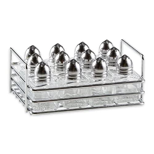 RSVP International Mini Glass Salt & Pepper Shaker Set with Holder, 12 Shakers, Chrome & Stainless Steel, 0.5 oz (15 ml) Capacity thumbnail 1