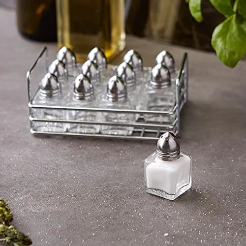 RSVP International Mini Glass Salt & Pepper Shaker Set with Holder, 12 Shakers, Chrome & Stainless Steel, 0.5 oz (15 ml) Capacity thumbnail 4