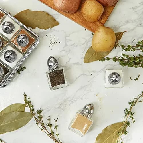 RSVP International Mini Glass Salt & Pepper Shaker Set with Holder, 12 Shakers, Chrome & Stainless Steel, 0.5 oz (15 ml) Capacity thumbnail 5