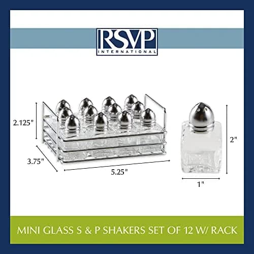 RSVP International Mini Glass Salt & Pepper Shaker Set with Holder, 12 Shakers, Chrome & Stainless Steel, 0.5 oz (15 ml) Capacity thumbnail 6