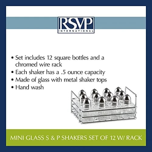 RSVP International Mini Glass Salt & Pepper Shaker Set with Holder, 12 Shakers, Chrome & Stainless Steel, 0.5 oz (15 ml) Capacity thumbnail 7
